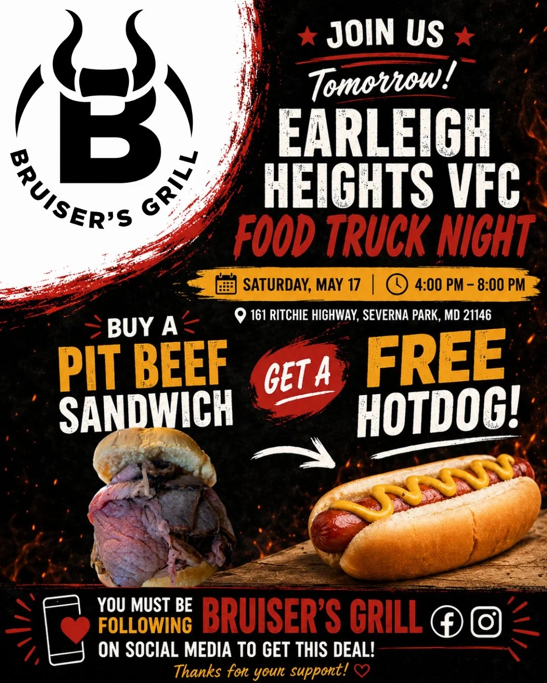A digital flyer advertising a food truck night event at Bruiser's Grill, featuring a buy one get one free hotdog deal, scheduled for Saturday, May 17, from 4:00 PM to 8:00 PM at 161 Ritchie Highway, Severna Park, MD 21146. The flyer includes images o