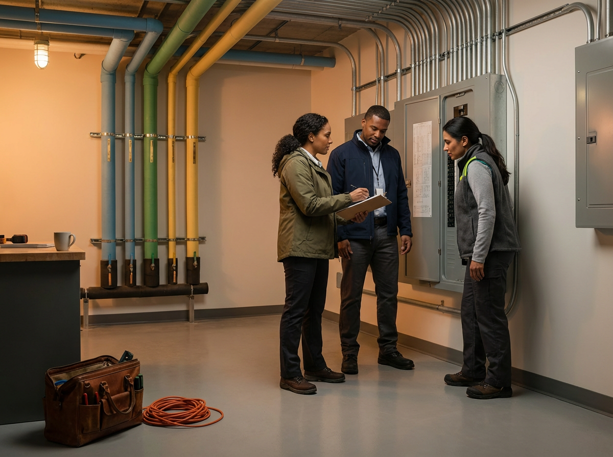 Three technicians inspecting an electrical panel in an industrial or utility room with color-coded pipes running along the wall.