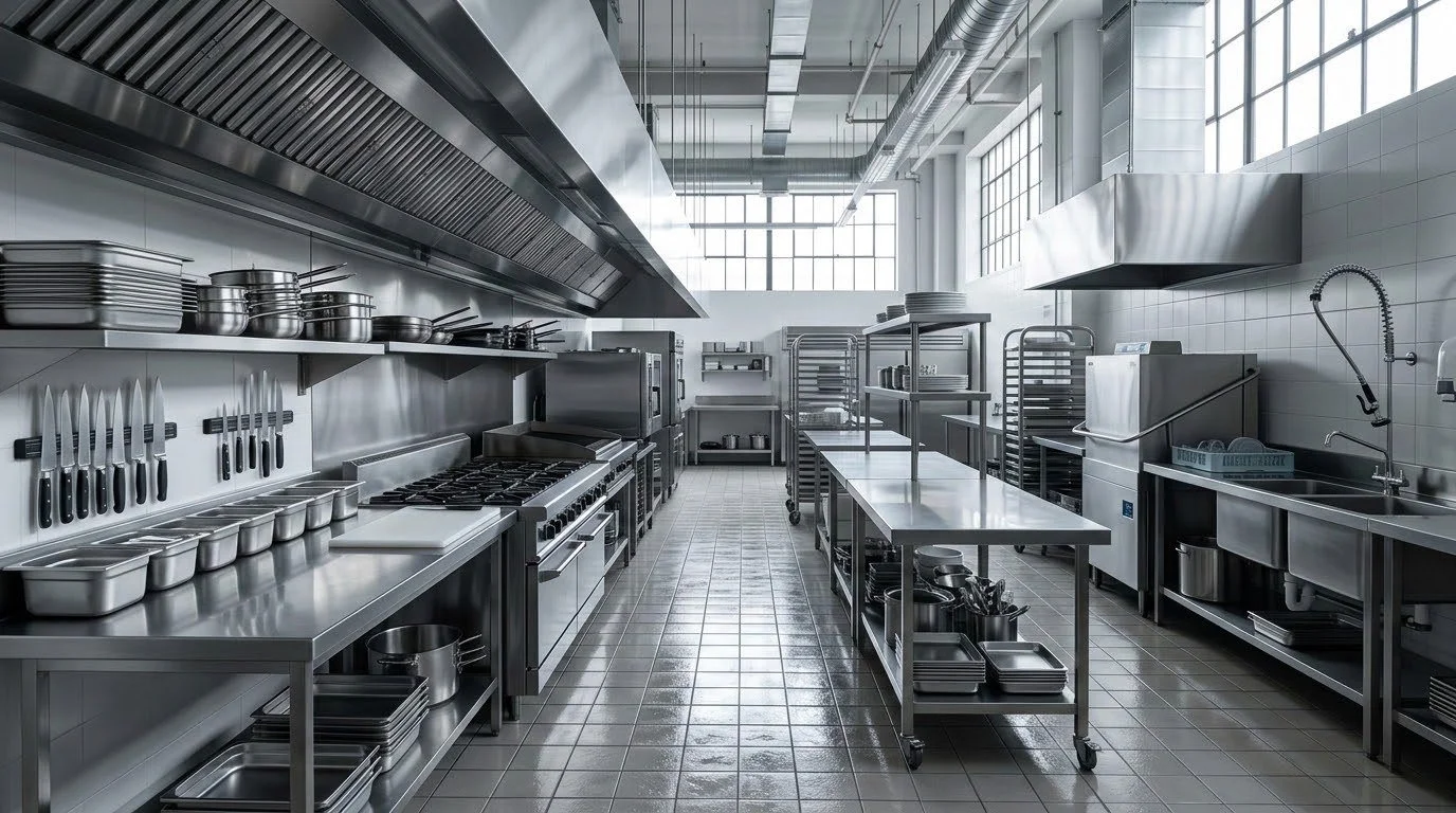 Stainless steel commercial kitchen, the kind of food service facility Skyline protects with commercial pest control