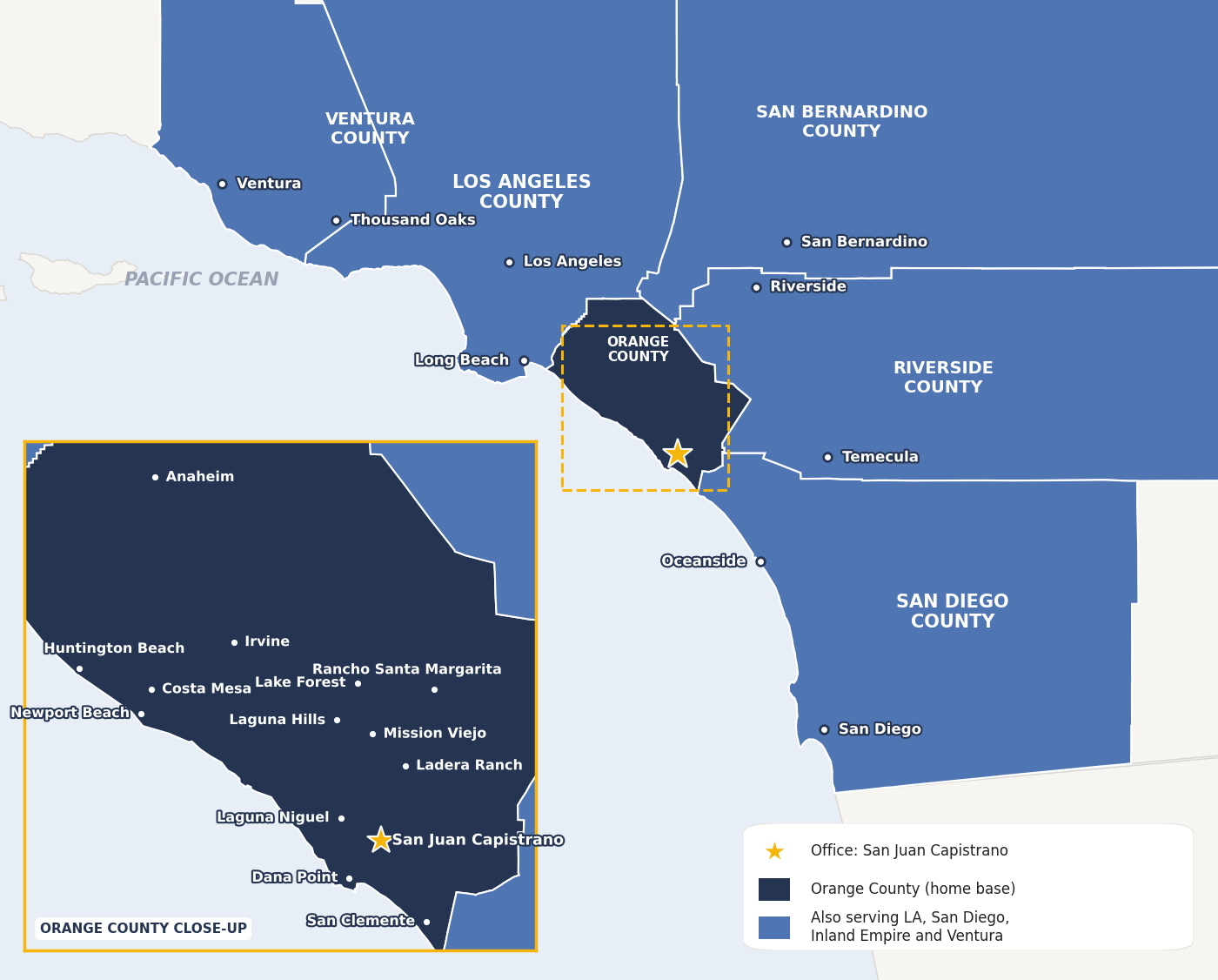 Skyline Pest Control service area map of Orange County and Southern California, with the San Juan Capistrano office marked