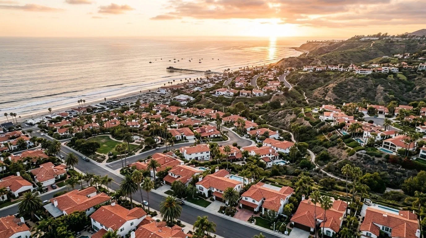 Coastal Southern California neighborhood at sunset, in Skyline Pest Control's local service area