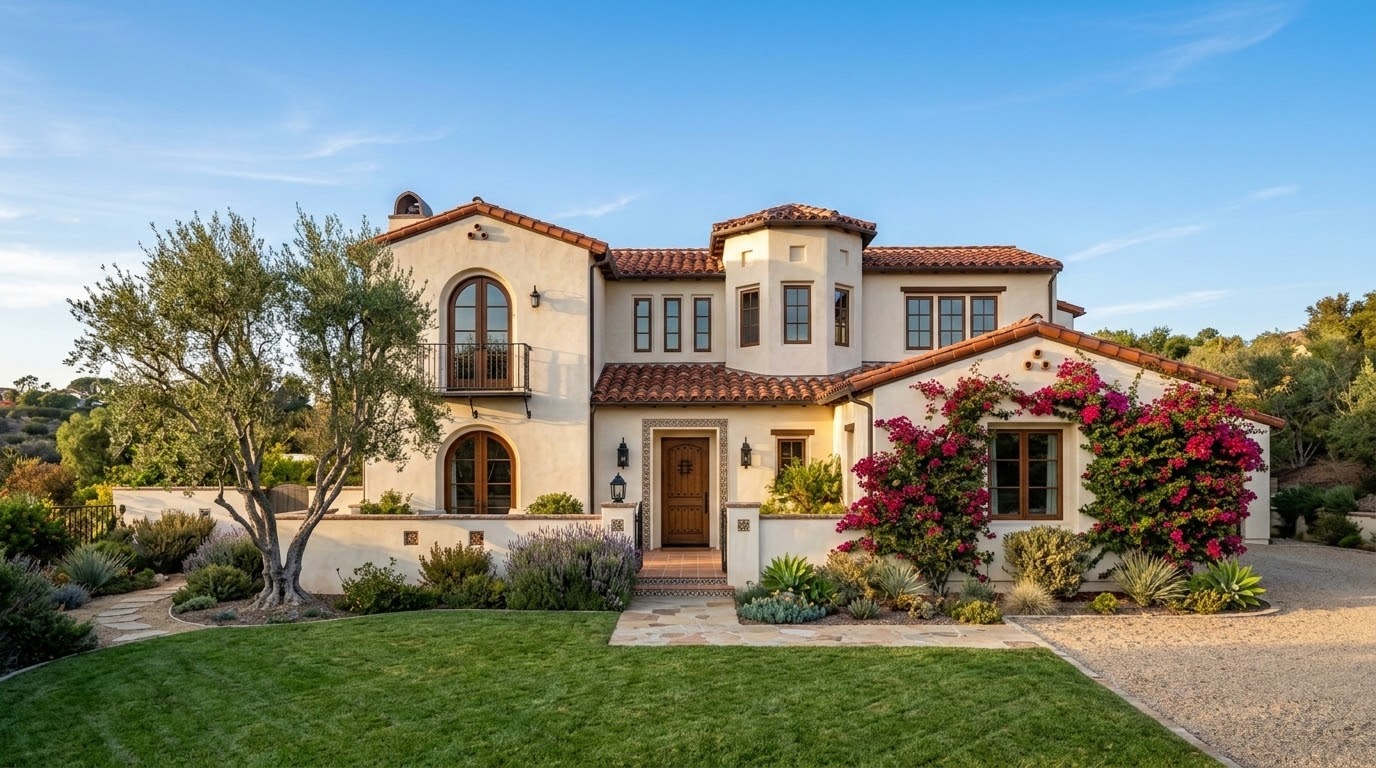 Spanish-style Southern California home with a red tile roof and landscaped front yard, protected by Skyline Pest Control