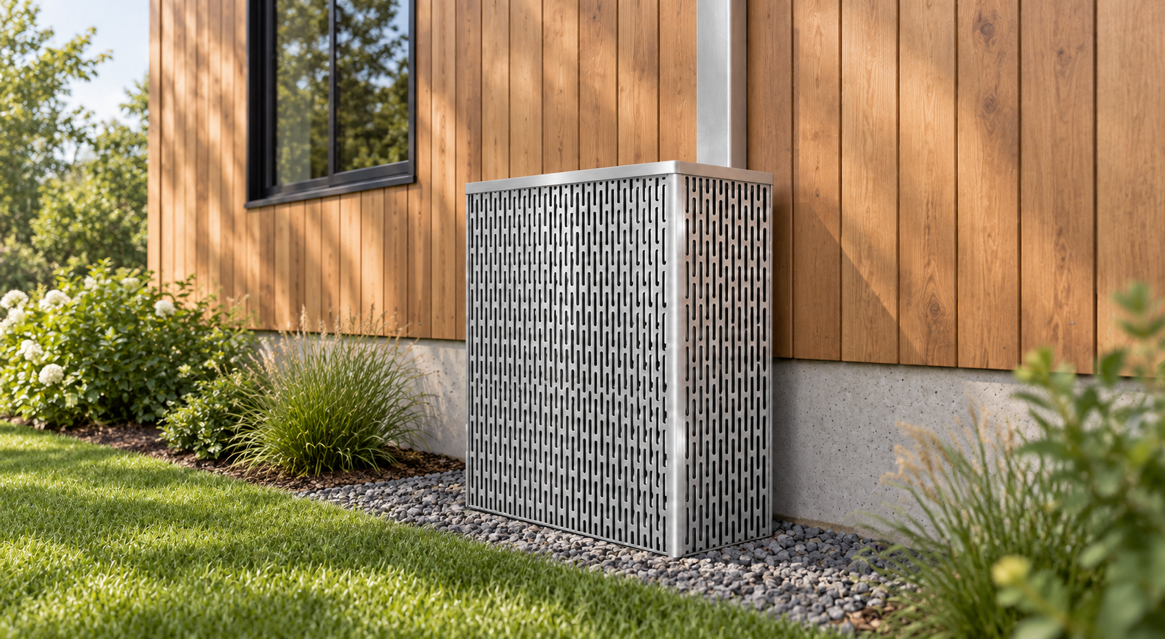 Side view of a modern house with wooden siding, a window, and a orbital sanded aluminum condensure cover outside, surrounded by landscaped garden with green grass, bushes, and plants.