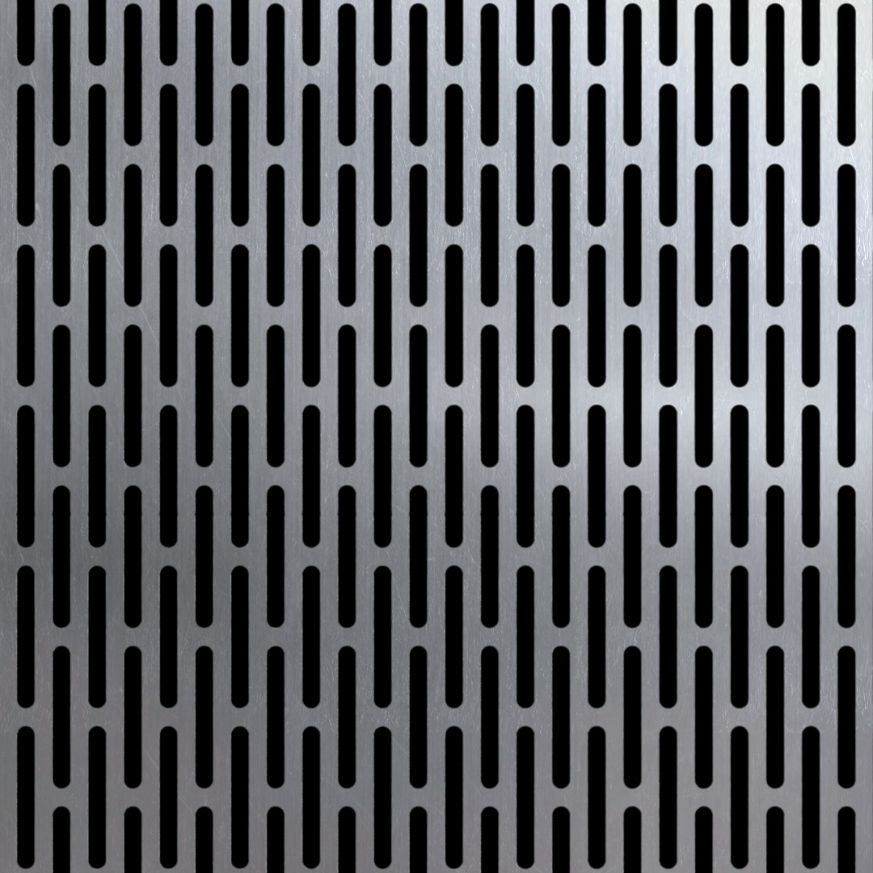 A close-up of a metallic surface with a pattern of elongated, vertical black slots evenly spaced in rows.