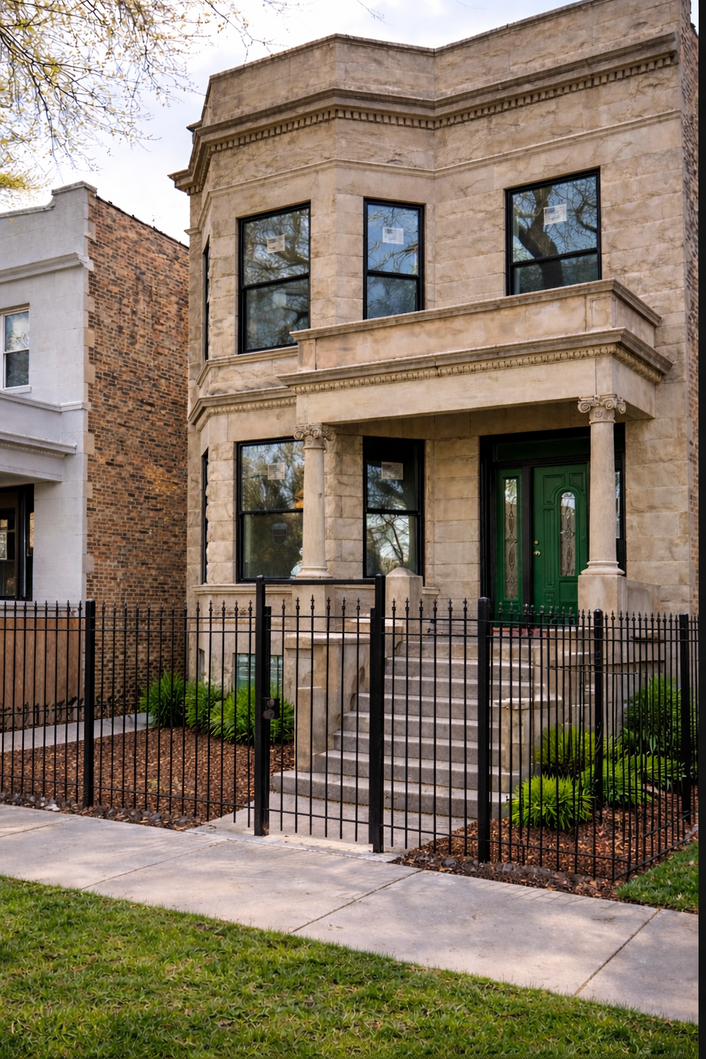 A three-story beige stone house with a green front door, black-framed windows, and a small front porch with columns. The house is surrounded by a black metal fence, with small landscaped gardens and a concrete sidewalk in front.