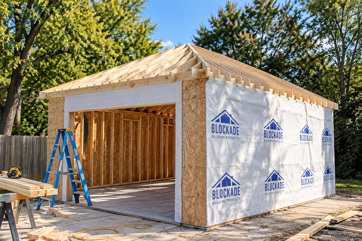 A small wooden house under construction with framing and a roof structure, surrounded by tools and construction materials, and trees in the background.