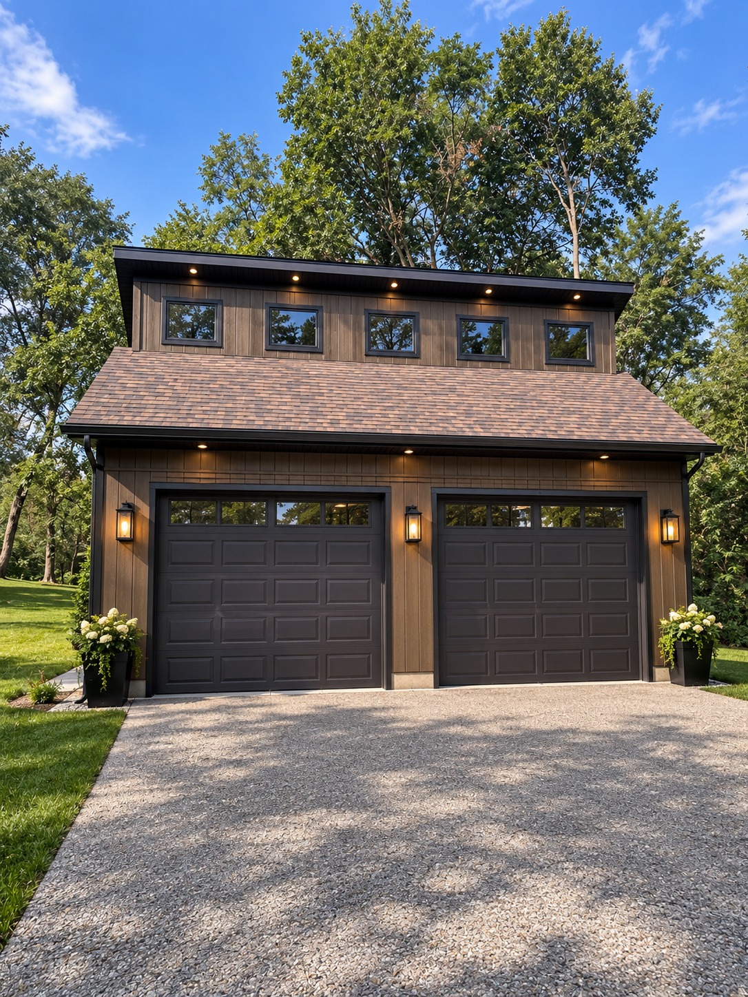 A modern two-story garage with dark doors, black accents, and exterior lighting, surrounded by a green lawn and trees under a blue sky.