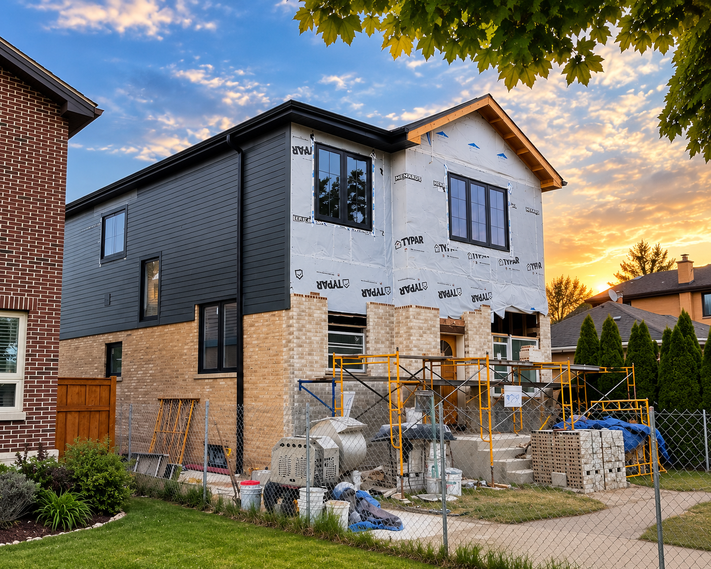A house under construction during sunset, with black siding and brick lower exterior, scaffolding around the entrance, and construction materials in the yard.
