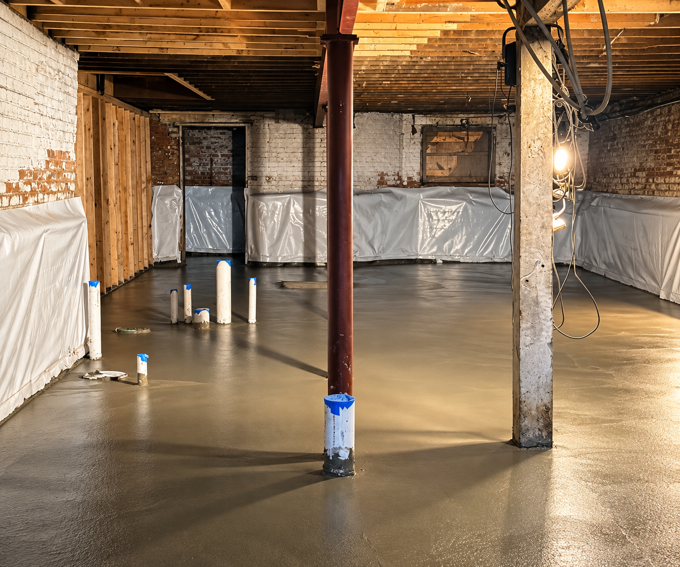 Basement with concrete floor, brick walls, exposed wooden ceiling, and a central support pole. The space appears to be under construction with pipes on the floor and plastic sheeting covering the walls.