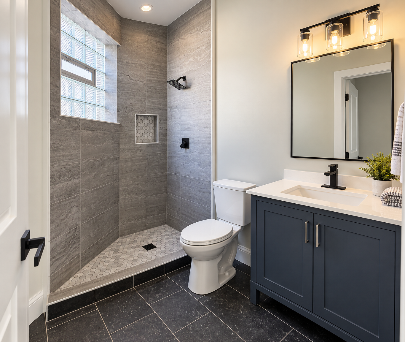 Modern bathroom with a walk-in shower featuring gray tiles, a small window with glass blocks, a white toilet, a blue vanity with a white countertop, a black faucet, a large mirror, and decorative items including a plant and towels.