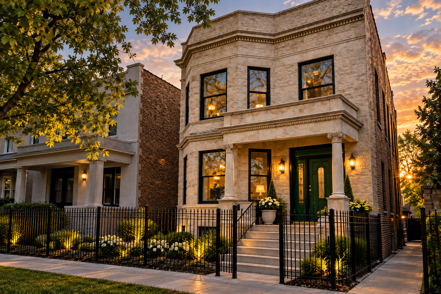 Front view of a two-story house with a stone facade, green front door, and large windows, illuminated by warm exterior lights at sunset, with a black metal fence and landscaped garden.