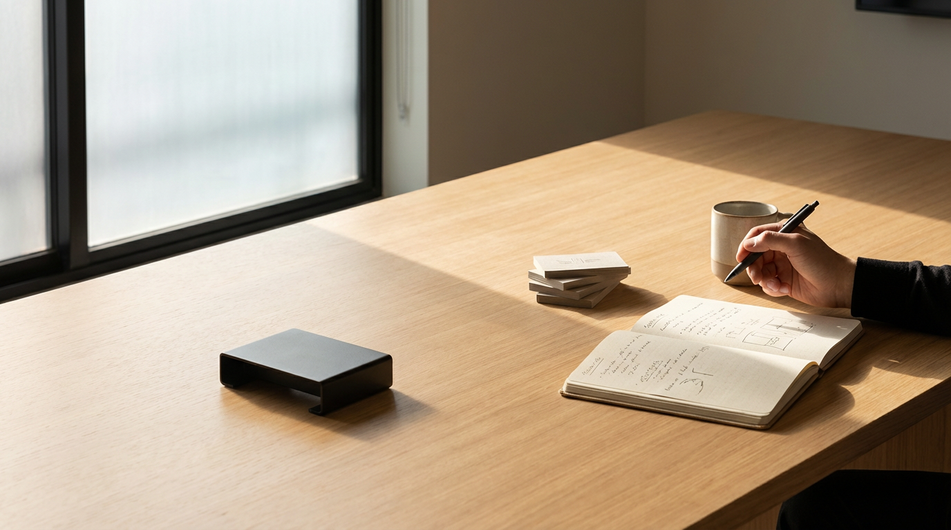 A person's hand writing in a notebook on a wooden desk with a white cup, a stack of small notebooks, and a black phone stand, near a window with sunlight streaming in.