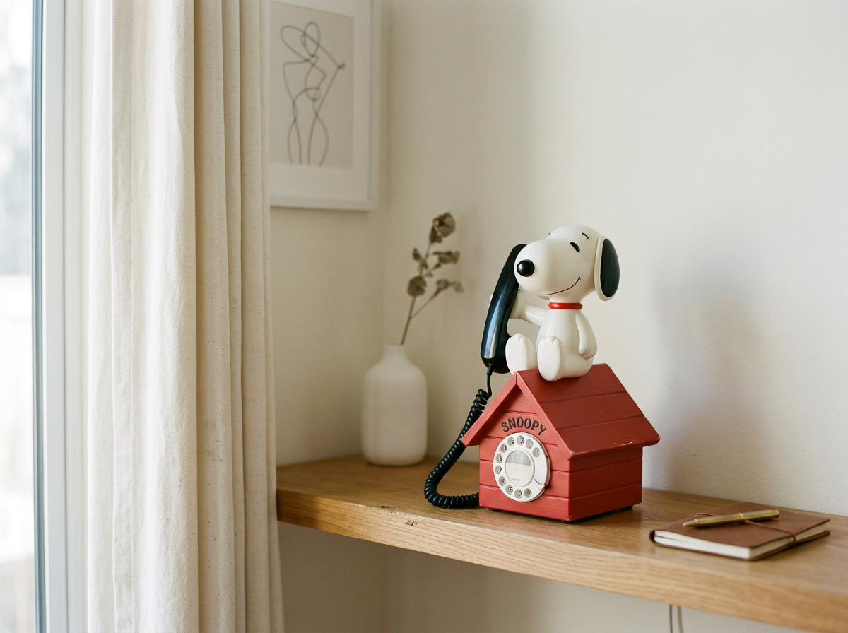 Decorative Snoopy-themed vintage rotary phone with a dog figurine on top, placed on a wooden surface next to a notebook and a pen, with a vase containing dried flowers and a framed line art drawing of a woman on the wall in the background.