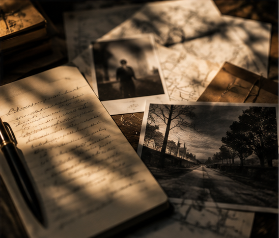 A collection of black-and-white photographs, handwritten notes, and a pen arranged on a wooden surface, with warm, moody lighting.