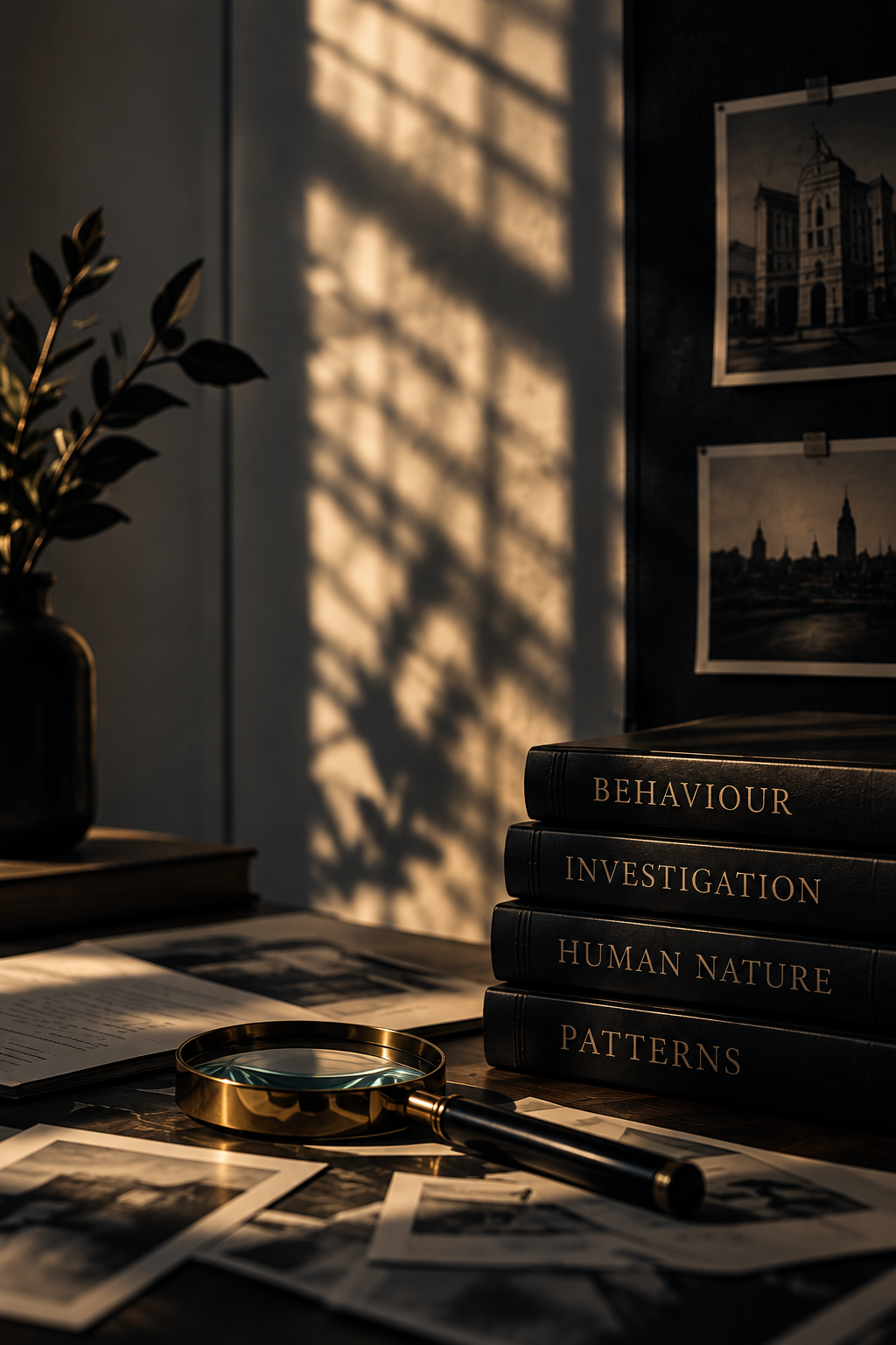 A desk with a stack of books titled 'Behavior', 'Investigation', 'Human Nature', and 'Patterns', a magnifying glass, photographs, and an open magazine, illuminated by sunlight casting shadows on the wall.