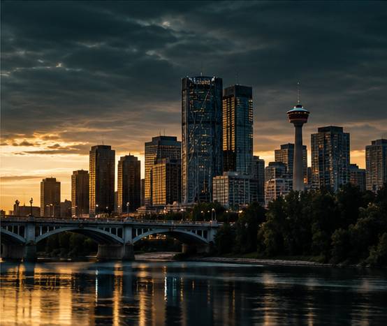 Skyline of downtown Calgary, Alberta, Canada, at sunset with high-rise buildings, including the Calgary Tower, reflected in the Bow River.