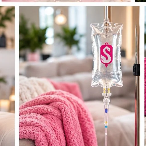An IV bag hanging on a stand with a pink logo, in a cozy living room with a pink blanket on the sofa.
