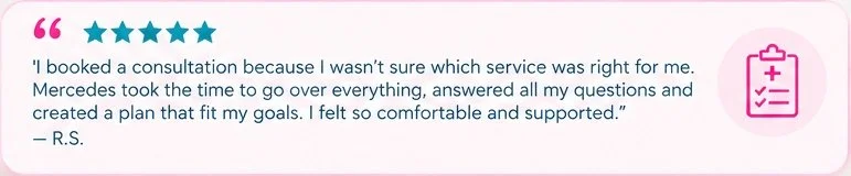 A pink quote box with a five-star review about a medical consultation, featuring a pink clipboard icon with a checkmark and plus sign.