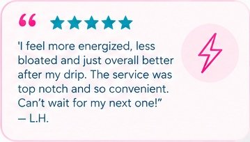 Customer review with five stars, a purple lightning bolt icon, and text praising a service for being energizing and convenient.