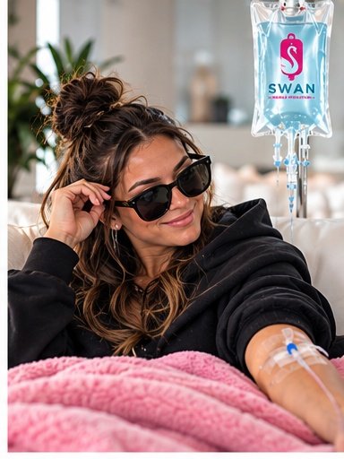 A young woman wearing sunglasses and a black hoodie sitting in a hospital or medical setting, with an IV line in her arm. In the background, there is an IV bag with a "Swan" logo.