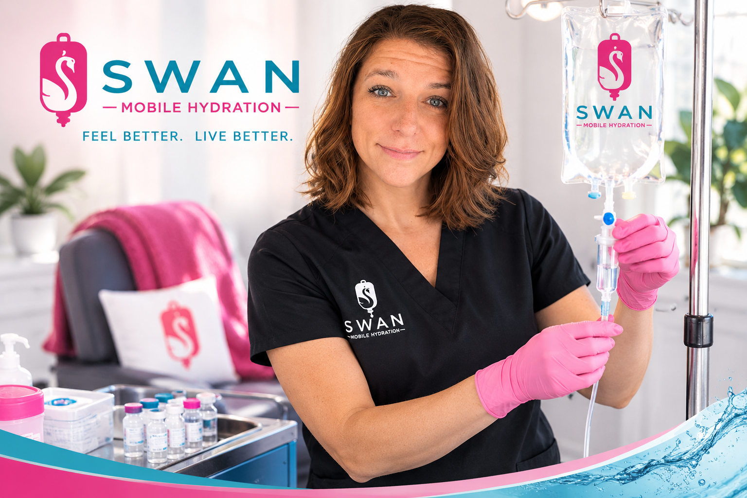 A woman in black scrubs with a Swan Mobile Hydration logo on her shirt and a matching logo on an IV bag. She is wearing pink gloves and is holding an IV catheter in a medical setting with medical supplies nearby.