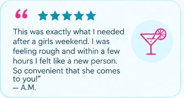 Customer review with five stars and an illustration of a pink martini glass with a lemon slice.