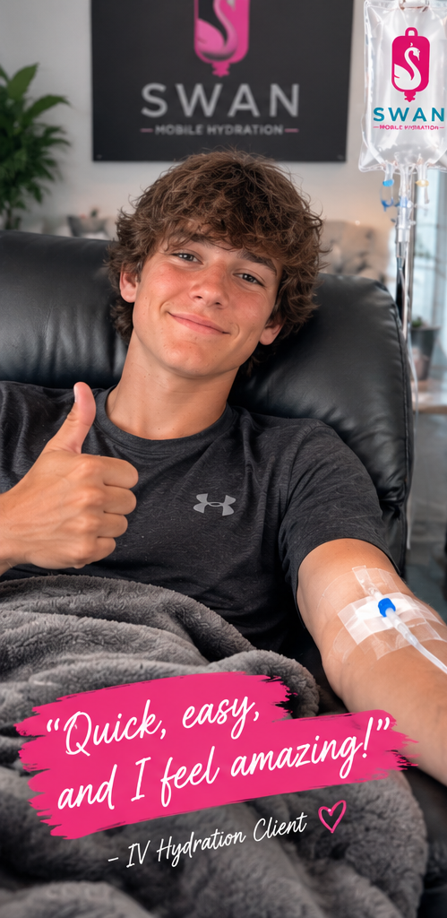 A young man sitting in a chair giving a thumbs-up, with an IV line in his arm. He is smiling and in a medical facility, promoting Swan Mobile Hydration. The image includes a quote, 'Quick, easy, and I feel amazing!', attributed to an IV hydration client.