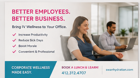 An advertisement for IV Wellness with the slogan 'Better Employees. Better Business.' Features a smiling woman practicing meditation in a corporate office setting, with a man working on a laptop in the background, and includes contact information and a website address.
