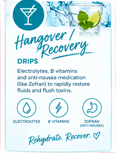 A hydration infographic for hangover recovery featuring a glass of water with lime and mint, a water splash, and icons for electrolytes, B vitamins, and Zofran anti-nausea medication, with the text promoting rehydration and recovery.