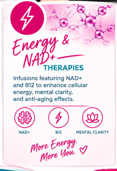 Pink and white packaging for energy and NAD+ therapies with molecular graphics, icons for NAD+, B12, mental clarity, and a heart symbol, emphasizing boosting energy and mental clarity.