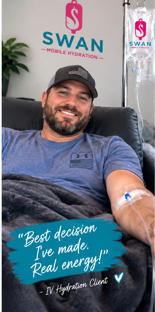A man with a beard and a gray cap smiling at the camera, sitting in a medical setting with IV hydration, with a Swan Mobile Hydration sign in the background and a quote overlay.