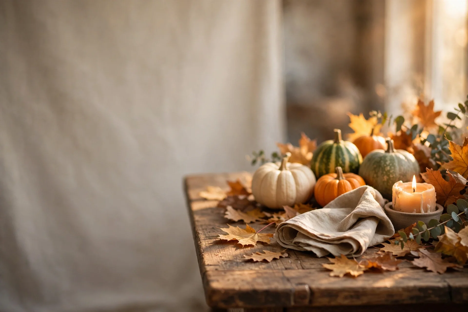 Thanksgiving still life with pumpkins, gourds, and a candle on a wooden table