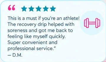 Review with five stars and a pink dumbbell icon, praising recovery drip for helping with soreness, quick recovery, convenience, and professional service.