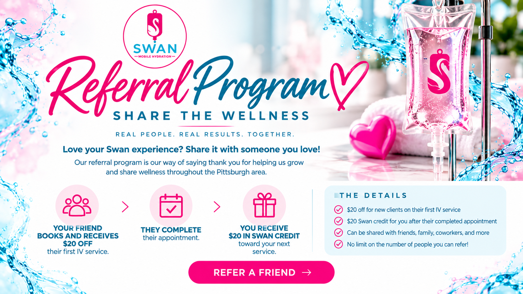 Refer a friend to Swan Hydration. New clients save $20 on their first qualifying IV service, and you earn $20 in Swan credit after their completed visit.