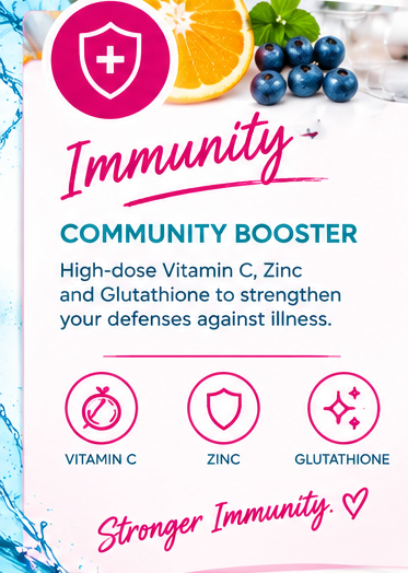 An informational poster about immunity featuring an orange slice, blueberries, and green leaves, highlighting a community booster with high-dose Vitamin C, Zinc, and Glutathione to strengthen defenses against illness.