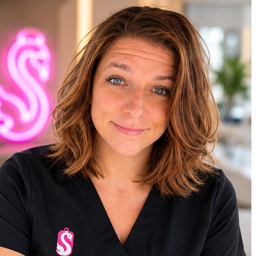 A woman with shoulder-length wavy brown hair and blue eyes is smiling slightly at the camera, wearing a black top with a pink tattoo-style 'S' sign on her left side, against a background of indoor decor and neon pink sign.