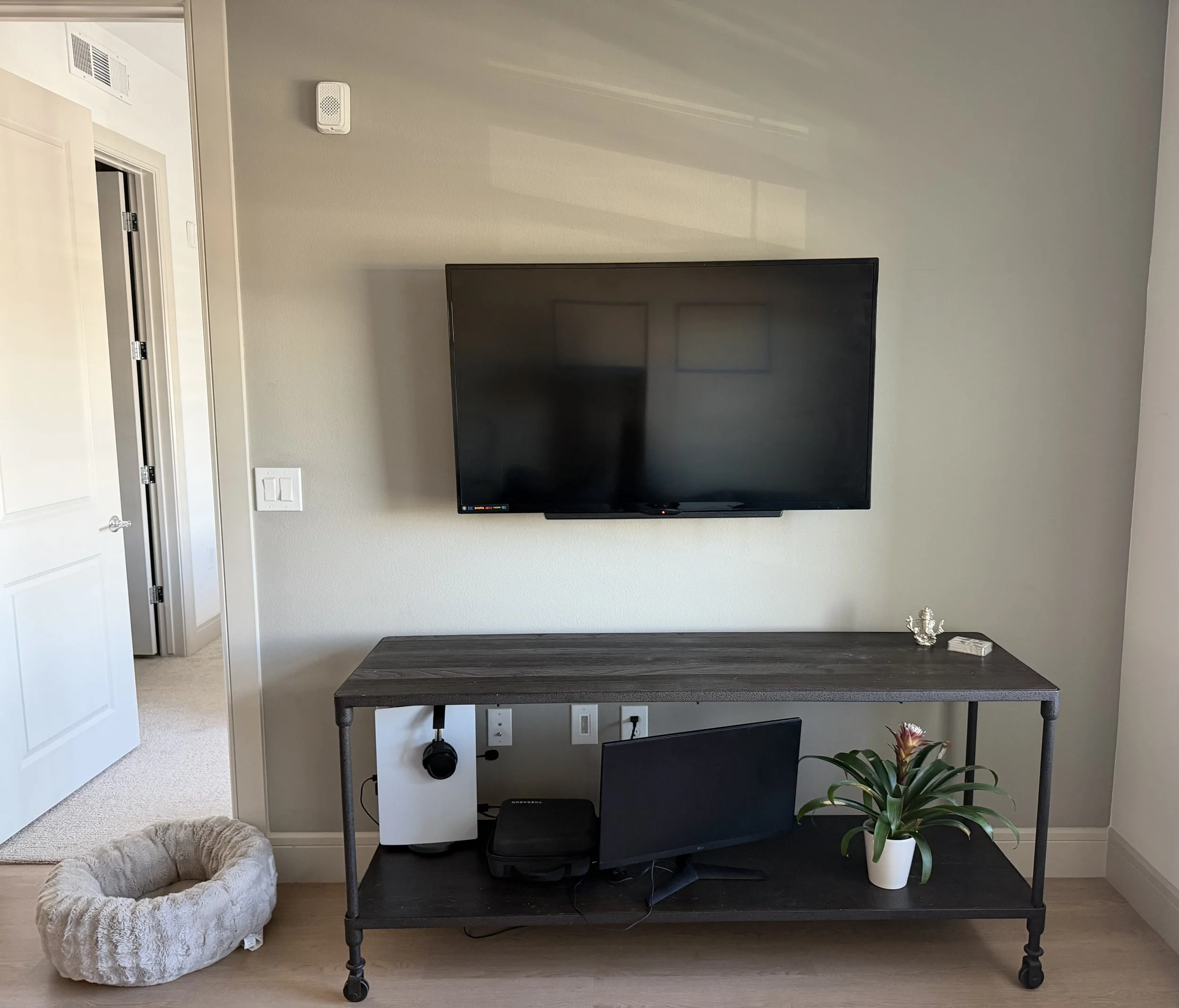 A wall-mounted flat-screen TV above a black rolling cart with electronic equipment, a small potted plant, and a white modem/router. To the left, there is a partially open door and a white dog bed on the floor with a stuffed animal inside.