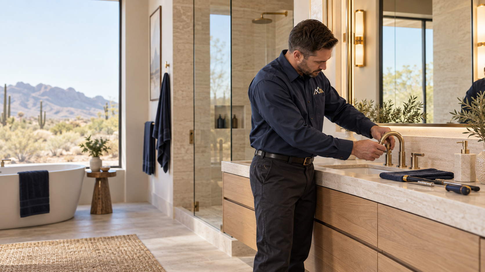 A man installing or repairing a gold-colored bathroom faucet in a modern bathroom with large window, desert landscape view, bathtub, and shower.