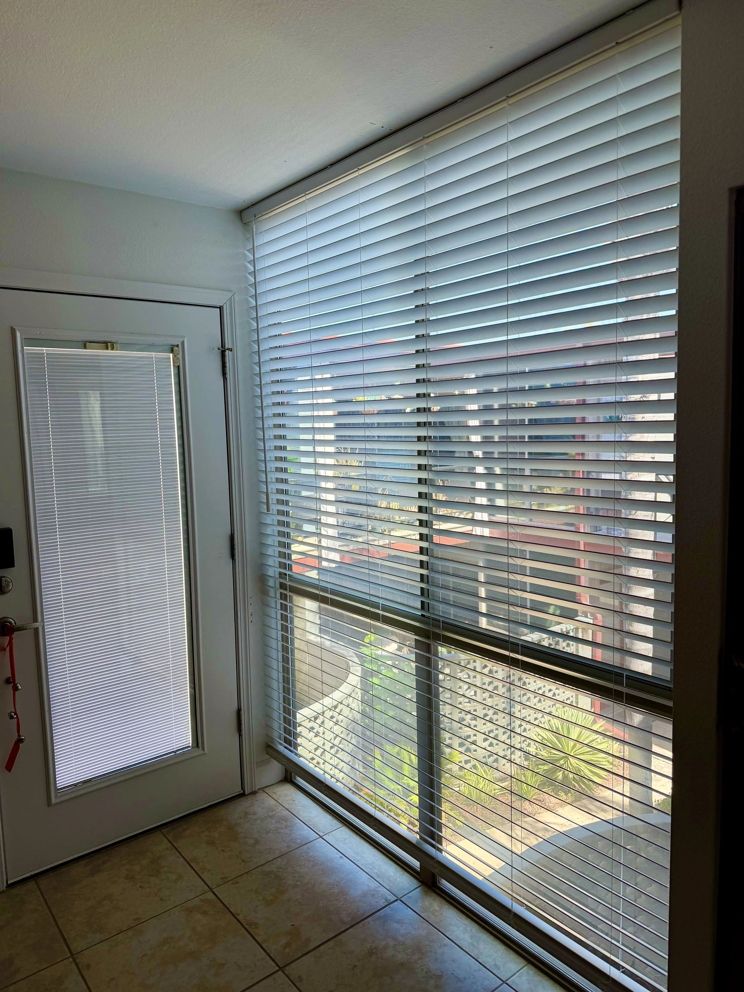 A door with a window and a large window with blinds inside a room, with tiled floor and a view of some plants and outdoor greenery.
