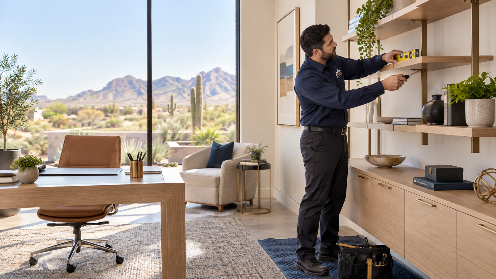 A man in office uniform installing or adjusting a wooden shelf on a white wall in a modern office with desert landscape visible through large glass windows.