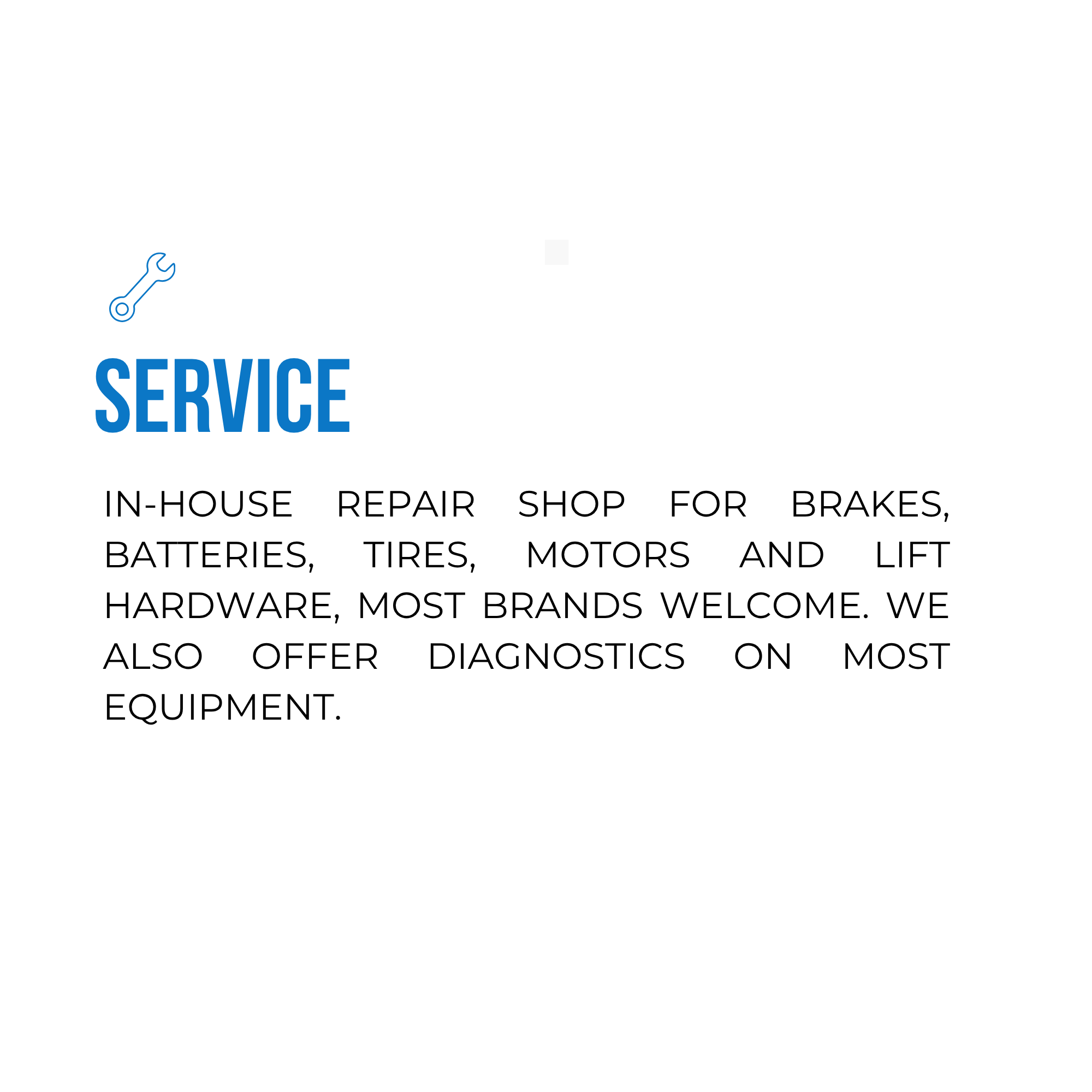 Text on a white background promoting automotive services, including in-house repair, shop for brakes, batteries, tires, motors, and lift hardware, with a blue wrench icon.