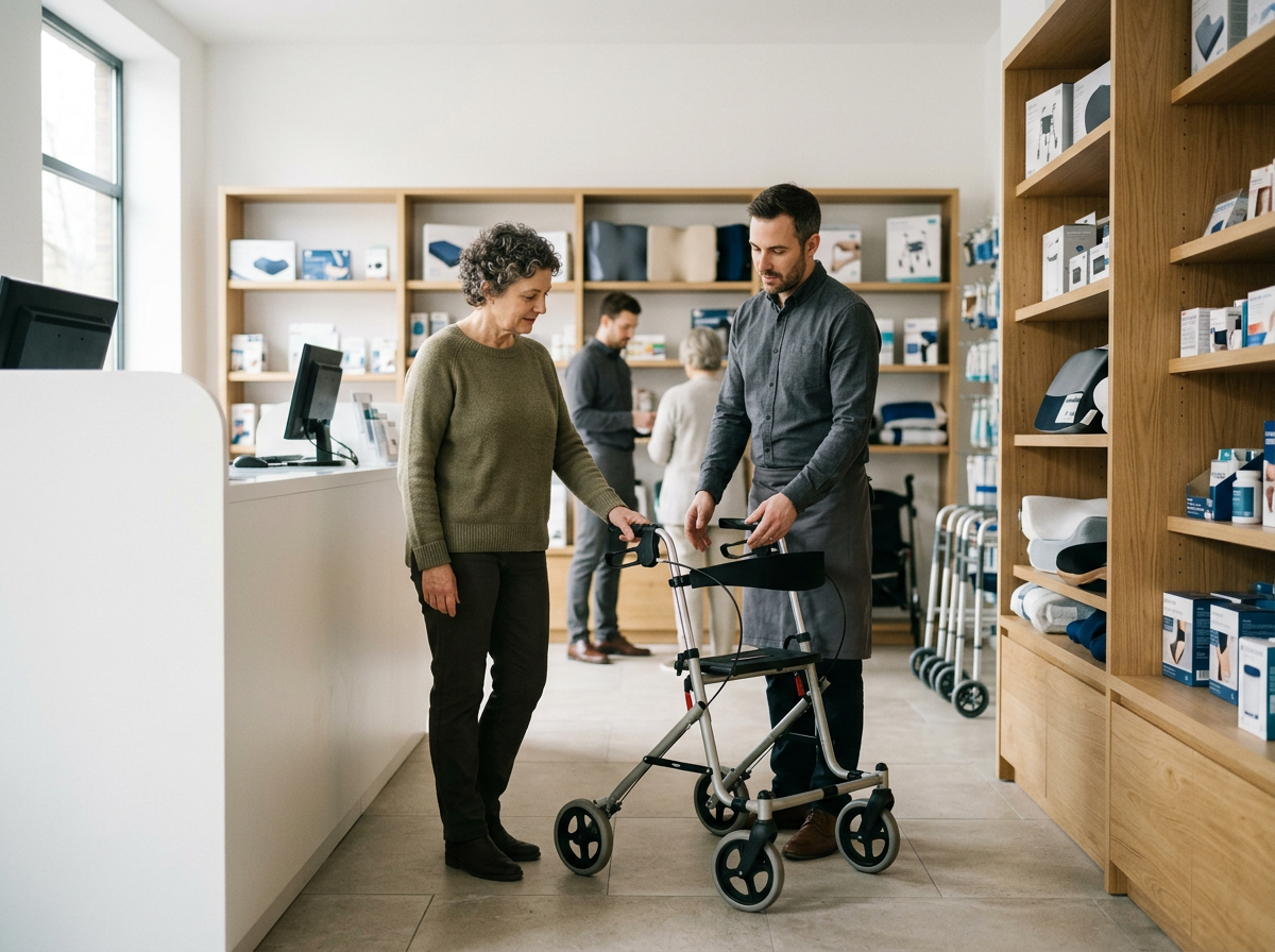 A woman with gray, curly hair and a man with dark short hair in a medical supply store examining a walker.