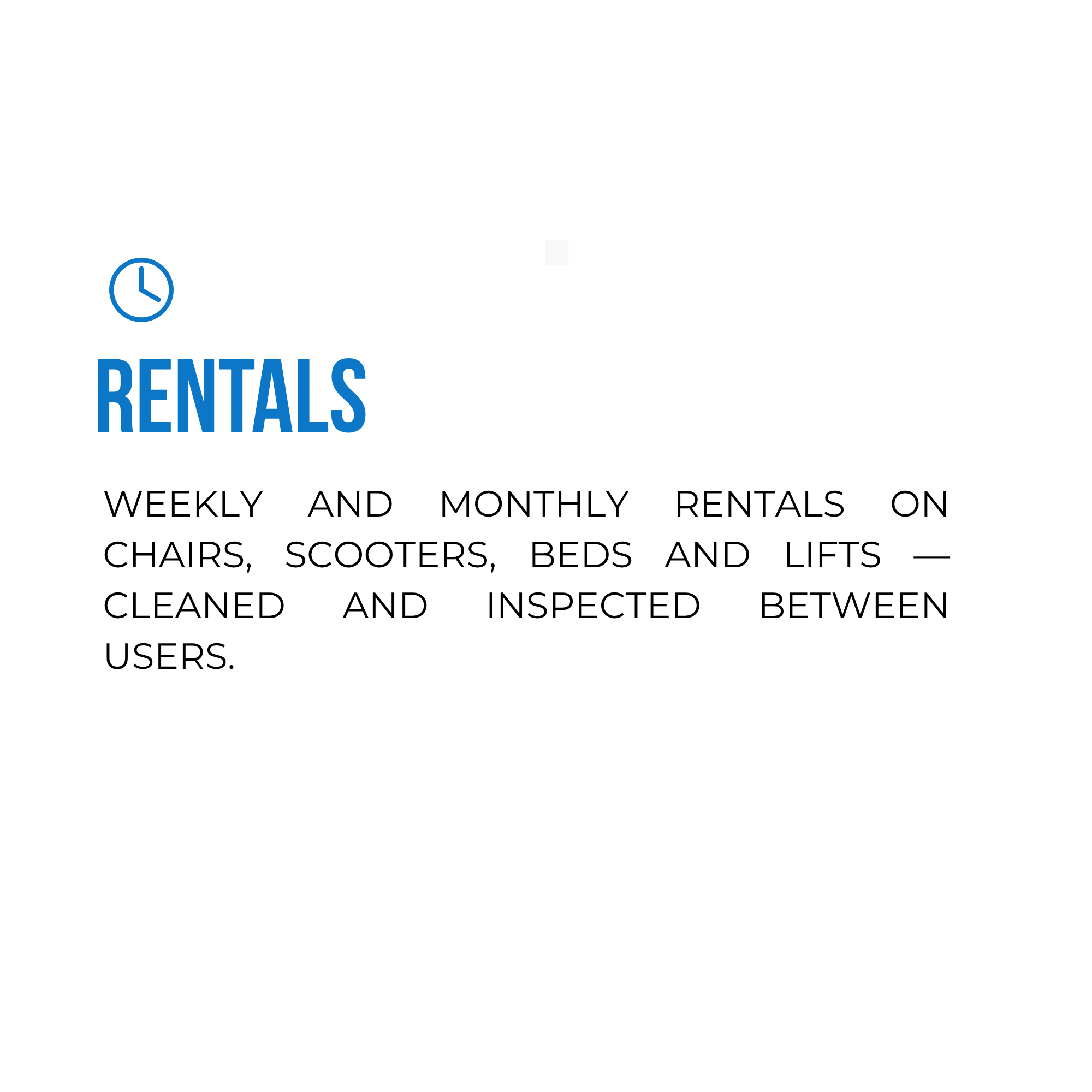 A website header for rental services with a clock icon and the word "RENTALS" in blue font, followed by text about weekly and monthly rentals on chairs, scooters, beds, and lifts, with an attention to cleanliness and inspection.