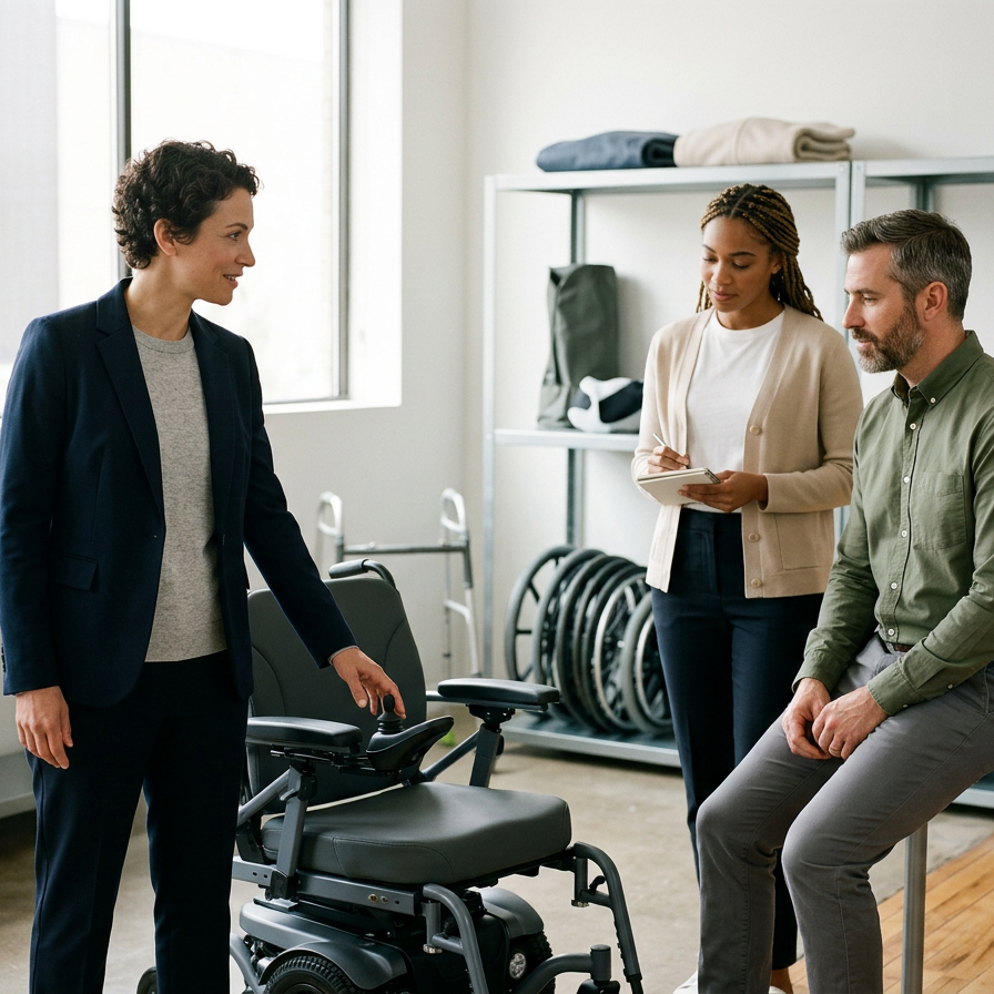 Three people in a room with a wheelchair. One woman is standing and talking, while a man sits on a bench and a woman stands with a notepad.