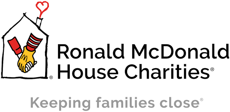 Logo of Ronald McDonald House Charities featuring a house with two striped socks in red and white, a yellow glove, and a red heart on the roof, with the charity's name and slogan 'Keeping families close'.