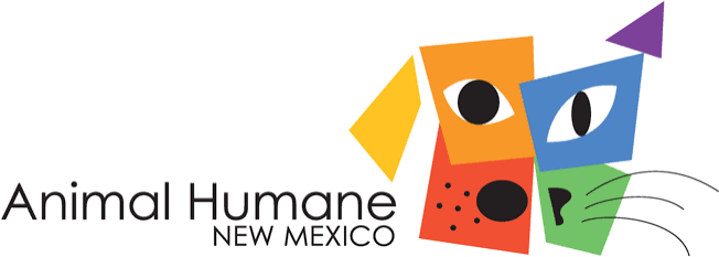 Logo for Animal Humane New Mexico featuring abstract animal faces in colorful geometric shapes.