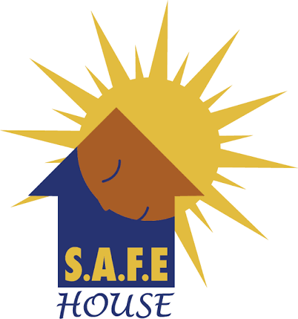 Logo of S.A.F.E. House featuring a stylized sun, a child's face with closed eyes, and the words 'S.A.F.E. House'