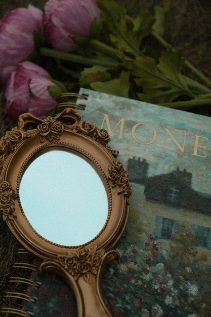 A small ornate gold mirror, a magazine or book titled 'MONEY,' and pink flowers with green leaves on a dark surface.