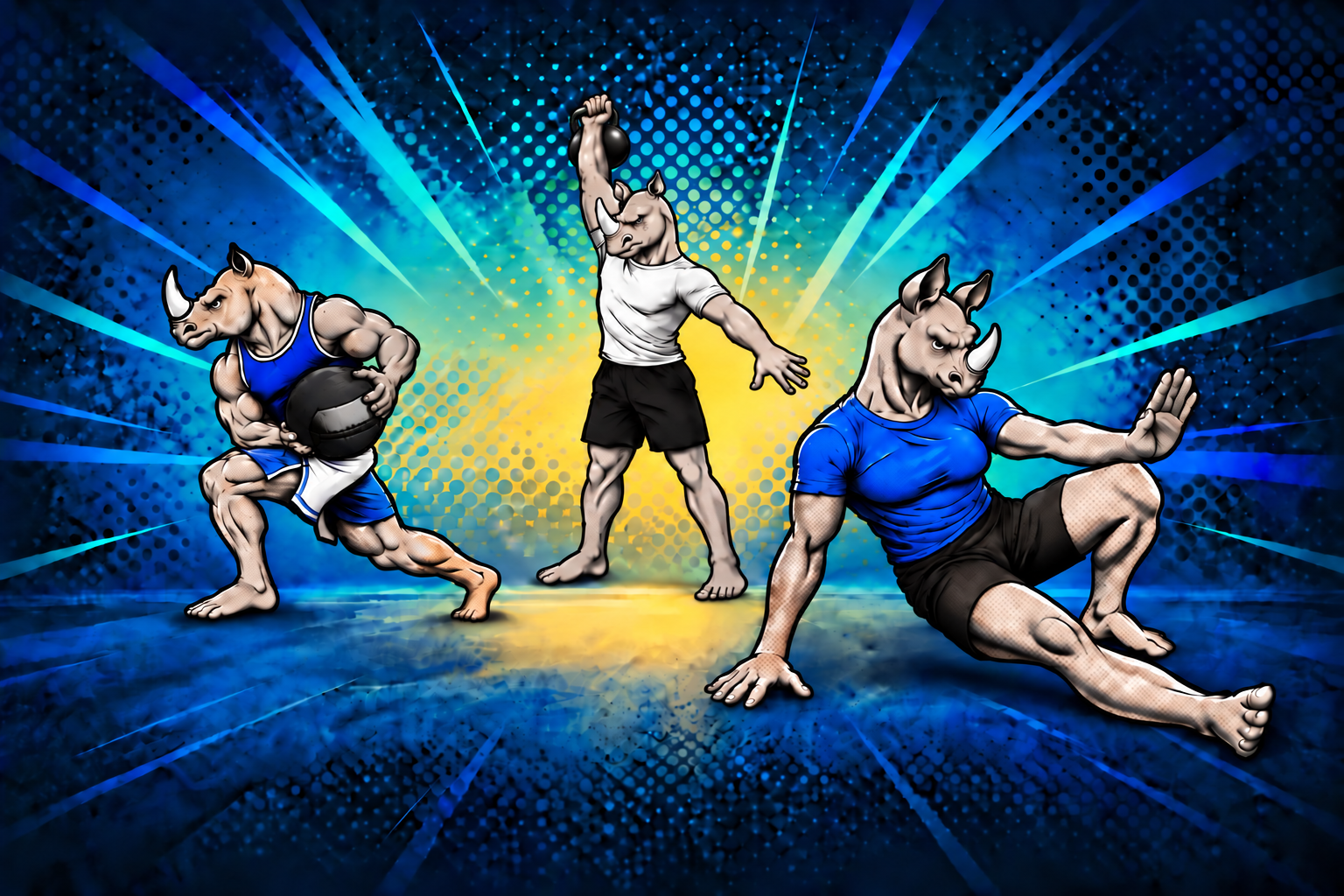 Illustration of three anthropomorphic rhinos with muscular bodies and horns, in various workout poses on a dynamic blue and yellow background.