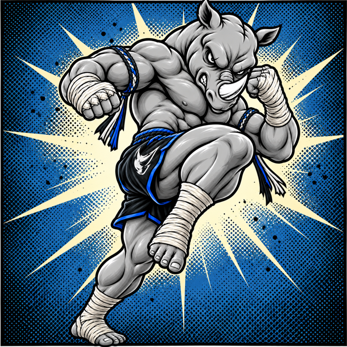 A muscular anthropomorphic pig in a martial arts stance, fighting pose, with a fierce expression, wrapped fists, black and blue shorts, and a background with comic-style blue and yellow burst effects.